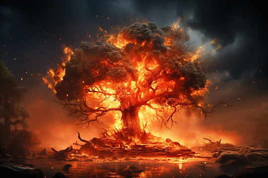 A huge old tree is burning, damaged by wildfires.