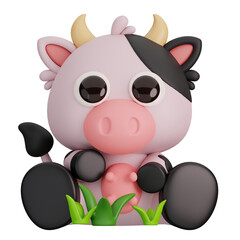 Cute Cow with Grass Isolated. Animals and Food Icon Cartoon Style Concept. 3D Render Illustration