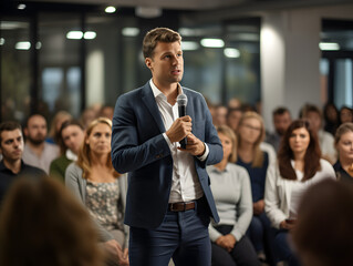 Confident CEO addressing employees during a town hall meeting.
