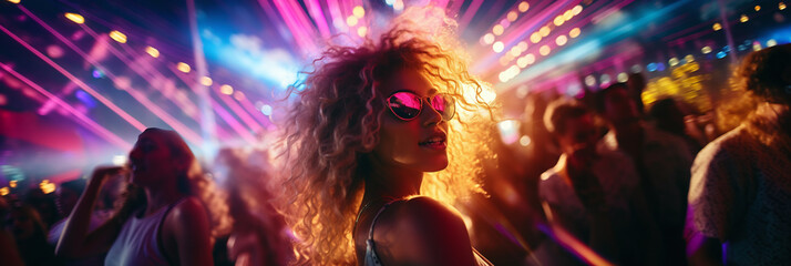 Beautiful party girl enjoying on music open air festival with dancing and cheering audience on fireworks light background. Happy party girl in sunglasses enjoy and celebrating evening concert