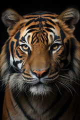 closeup of a tiger on black background, portrait photo.generative ai