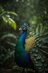 A majestic peacock in a tropical rain forest