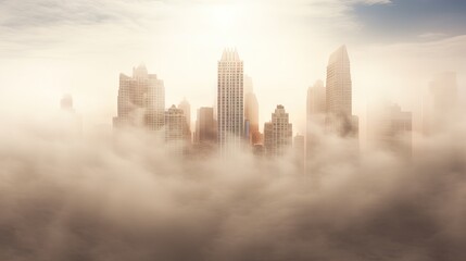  a large city in the middle of a foggy sky.  generative ai