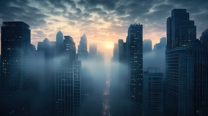  a foggy city skyline with skyscrapers in the distance.  generative ai