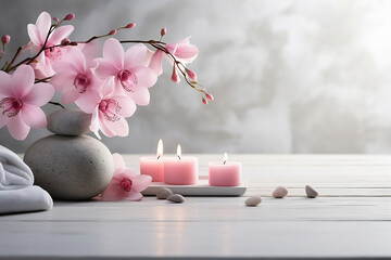 Spa stones, pink flowers and candles on white table.