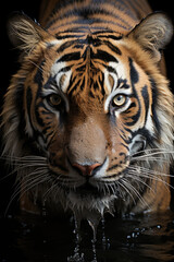closeup of a tiger on black background, portrait photo.