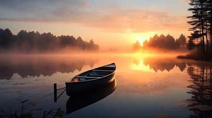  a boat is sitting on the water at sunrise or dawn.  generative ai
