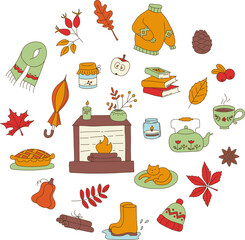 Set of fall seasonal elements. Autumn collection: dry leaves, harvest and berries, warm clothes, cozy home and other. Flat color vector illustration.