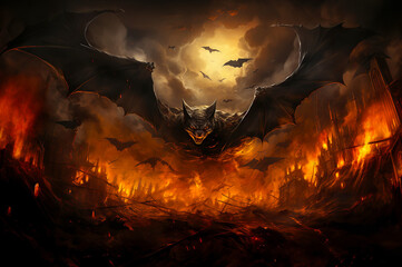 A huge creepy bat is flying over a burning city. The end of the world. Ai