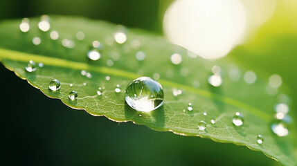Glistening Beauty: Morning Dew Drops on Leaf Captured in Sunlight Macro