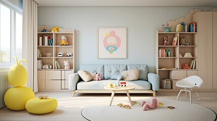 a modern children's room with light pastel tones, showcasing elements like furniture, decorations, and toys that reflect a sophisticated yet child-friendly design.