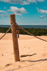 Drewniany słupek na piaszczystej wydmie na wybrzeżu bałtyckim