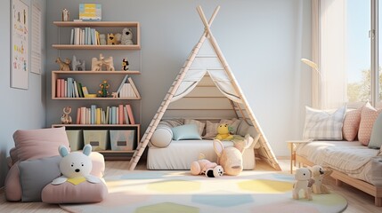 Fototapeta na wymiar a modern children's room with light pastel tones, showcasing elements like furniture, decorations, and toys that reflect a sophisticated yet child-friendly design.