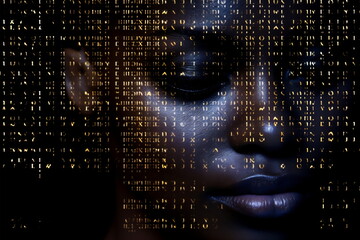 Black woman face with digital matrix numbers. Artificial intelligence. AI theme with a female human face
