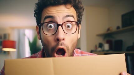 Shocked and surprised man unpacks a delivered box with a parcel or a gift. Generative AI