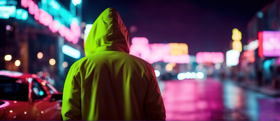 Fototapeta na wymiar A man in a futuristic hooded jacket stands against a blurred cyberpunk city panorama background with bright neon lights.