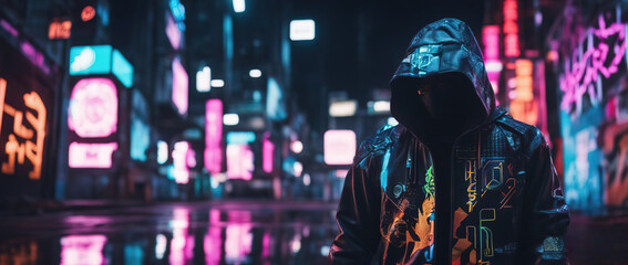 A man in a futuristic hooded jacket stands against a blurred cyberpunk city panorama background with bright neon lights.