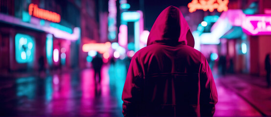 A man in a futuristic hooded jacket stands against a blurred cyberpunk city panorama background with bright neon lights.