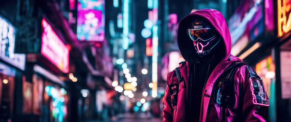 A man in a futuristic hooded jacket stands against a blurred cyberpunk city panorama background with bright neon lights.