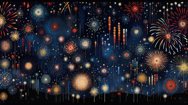  a painting of fireworks in the night sky with stars and streamers.  generative ai