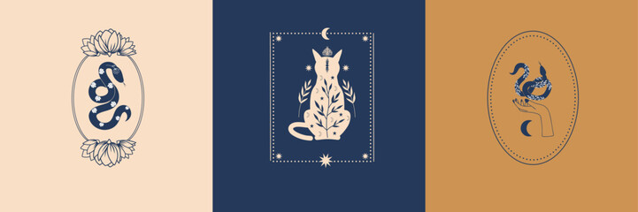 Vector set of mystical illustrations, witchy hands and cat, moon, snakes, witchcraft symbol, witchy esoteric objects, minimal celestial line art drawing