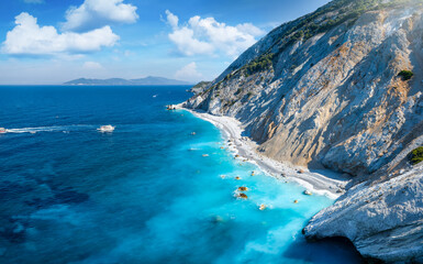 Panoramic aerial view of the north coast of Skiathos island with the popular Lalaria beach and...