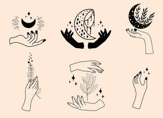 Set of mystical illustrations, magic objects, female witchy hands with mystical moon, stars and magic flowers, sacral esoteric symbols - 641853631