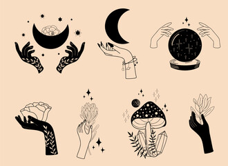 Set of mystical illustrations, magic objects, witchy hands with moon, stars, magic crystal ball, mystical mushrooms, witchcraft symbol, witchy esoteric objects - 641853637