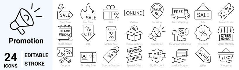 set of 24 line web icons discount, coupon, percent sign ribbon, discount code and more. Collection of Outline Icons. Vector illustration.