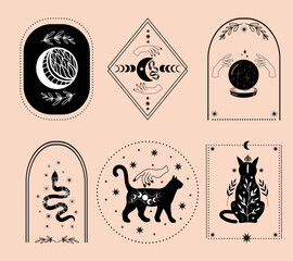 Set of mystical illustrations, witchy hands, moon, black cat, snake and magic crystal ball, witchcraft symbol, witchy esoteric objects - 641853662