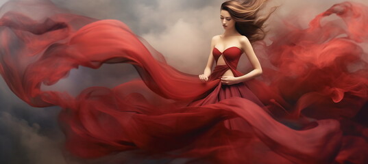 Woman in red waving dress dancing with flying fluttering fabric