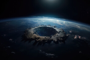 a giant impact crater viewed from space. destruction of earth. the big bang. Extinction Event - obrazy, fototapety, plakaty