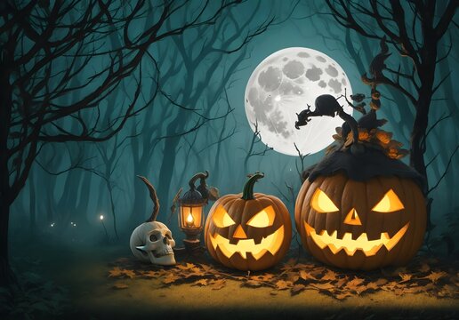 halloween background with pumpkin moon skull and bats