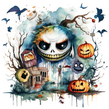 Watercolor Halloween nightmare Illustration, Generative Ai