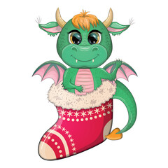 Fototapeta premium Cute cartoon green dragon in santa hat. 2024 new year, chinese calendar