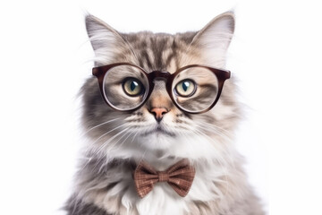 Obraz premium Funny cat in glasses, on white background. Photo Realistic cat portrait