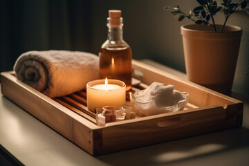 Fototapeta na wymiar Professional spa treatment and relax aromatherapy in a tray in a cosy room for luxury or wellness on wooden tray. Health and massage, candle, skincare, spa or total relaxation concept