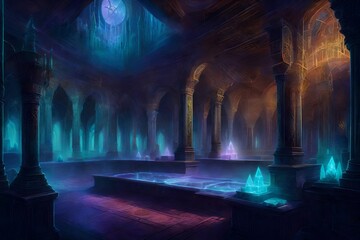 A vibrant, yet chilling depiction of a spectral palace, where every surface is adorned with eerie crystal formations channeling the energies of the spirit world - AI Generative