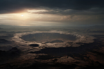 giant impact crater on a vast landscape.  - obrazy, fototapety, plakaty
