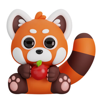 Cute Red Panda Holding Apple Isolated. Animals and Food Icon Cartoon Style Concept. 3D Render Illustration