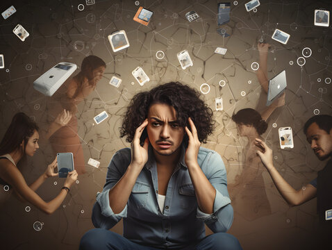 Young adult shielding their face from a barrage of digital hate icons.