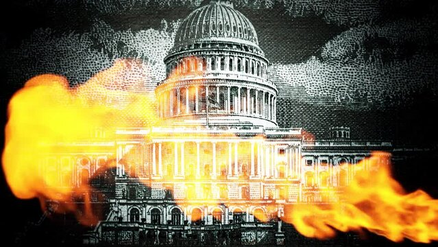 The US Capitol, Fed sign, portrait of Franklin with glowing eyes, spinning pyramid with an eye on top, jet of flame. Conspiracy theory. 4k video collage with images from different US dollar bills.
