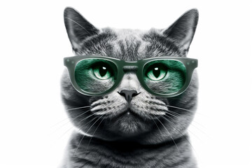 Fototapeta premium Funny cat in glasses, on white background. Photo Realistic cat portrait