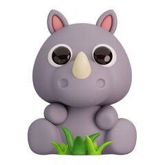 Cute Rhinoceros with Grass Isolated. Animals and Food Icon Cartoon Style Concept. 3D Render Illustration