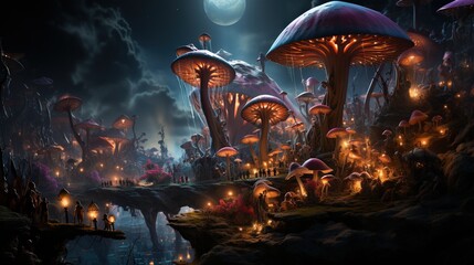  a painting of a night scene with mushrooms and a bridge.  generative ai