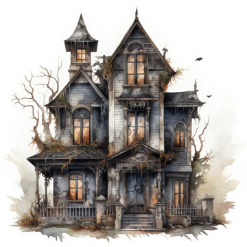 Watercolor haunted house Illustration, Generative Ai
