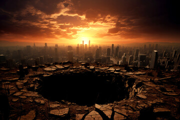a giant crater in the center of a vast city skyline at sunset. - obrazy, fototapety, plakaty