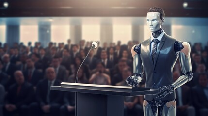robot standing behind a podium at a press conference, Artificial Intelligence in Politics - obrazy, fototapety, plakaty