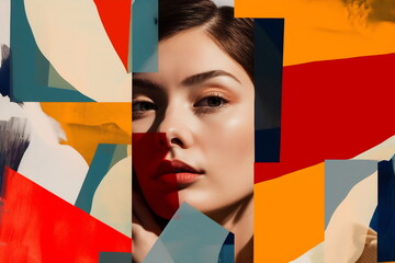 Popup poster with woman portrait. Colorful digital art