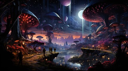 Obraz premium a painting of a fantasy landscape with people standing on a cliff. generative ai